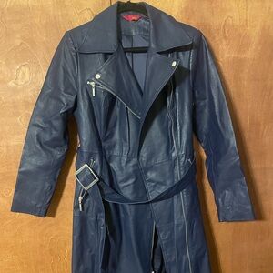 Stylish Blue Leather Trench Coat